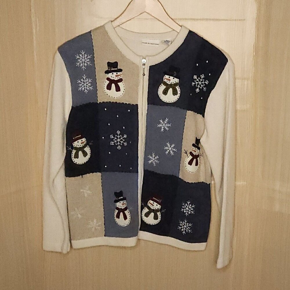 Croft & Barrow Vintage Blue White Snowman Full Zip Cardigan Medium